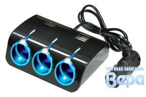 Разветвитель прикуривателя 3 гнезда (2USB) с удлинителем, с выключателем 12/24V 120W, (USB-5V-1.2A)