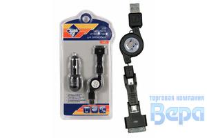 Зар.уст-во в прикуриватель для моб.устройств 1USB.mini.USB-micro.iPhone4 12/24V (катушка-удлинитель)