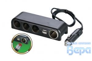 Разветвитель прикуривателя 4 гнезда (2USB) с удлинителем, 12/24V 1000mA